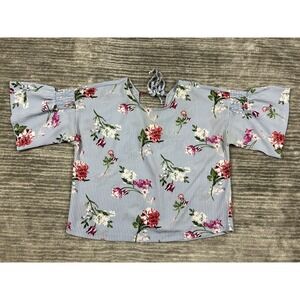 Twine & String Top Womens‎ Large Blue White Striped Floral Shortsleeve Casual